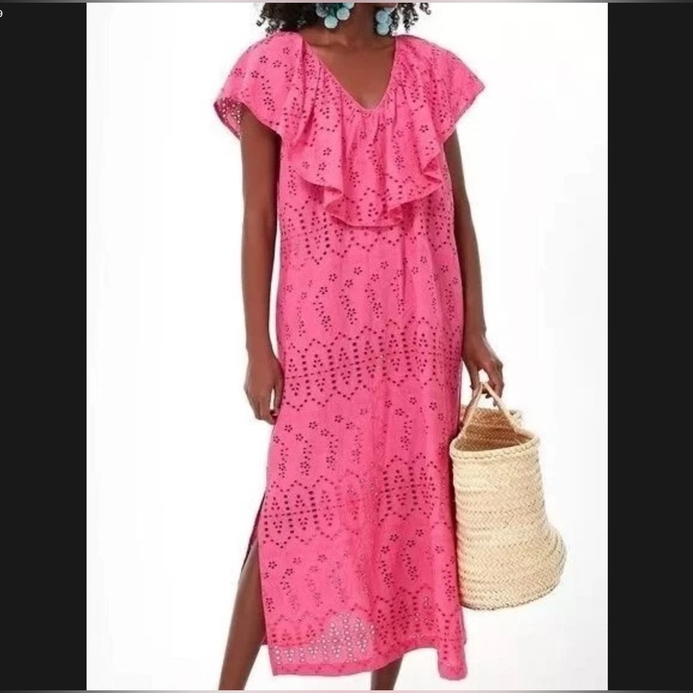 Tuckernuck Fuchsia PINK Eyelet Midi Summer Dress - Beach Cover-up. sz: XS. EUC!